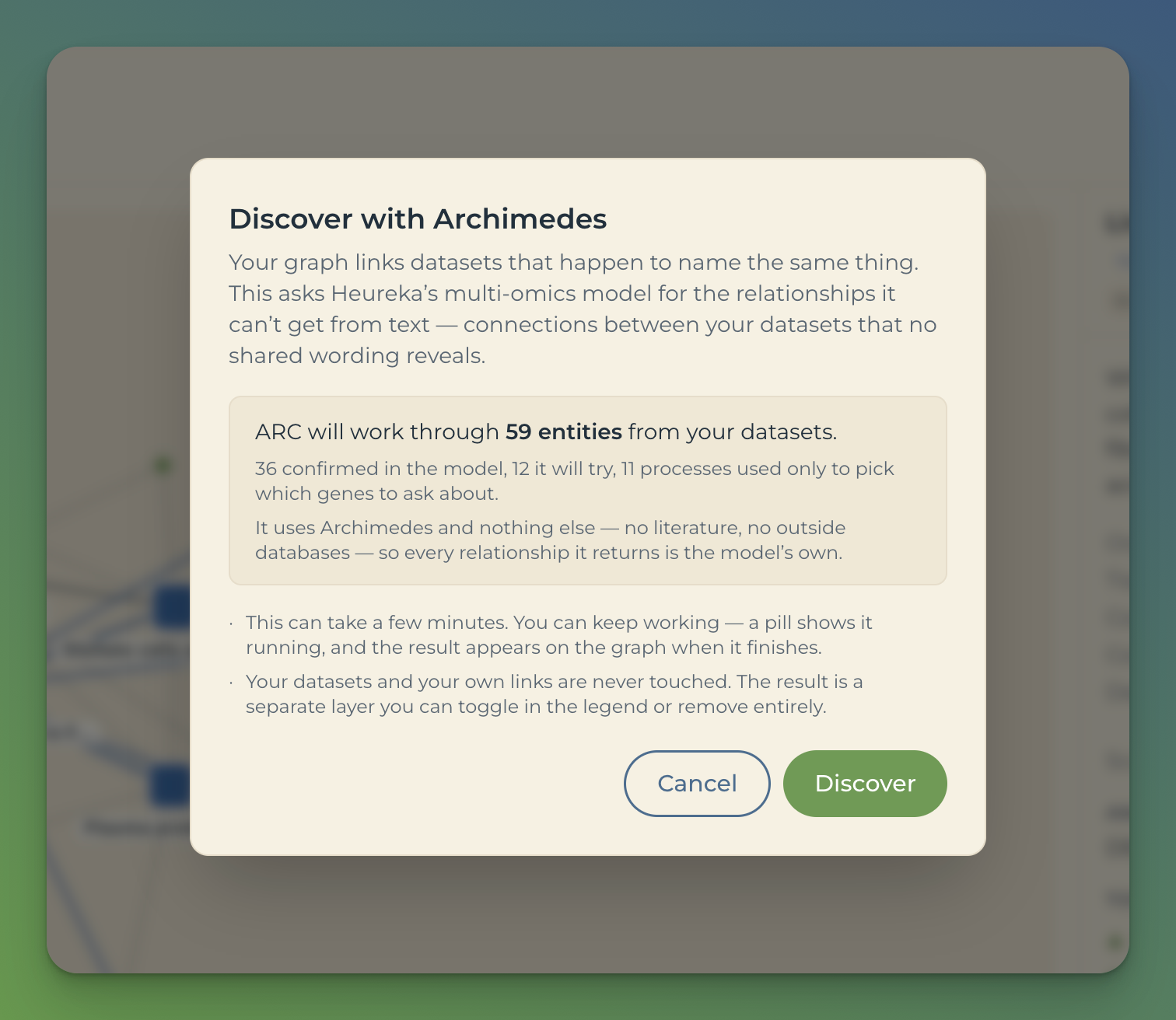 The Discover dialog: it states that the agent will work through 59 entities, of which 36 are confirmed in the model and 12 will be tried, and that the run uses Archimedes and no other source.
