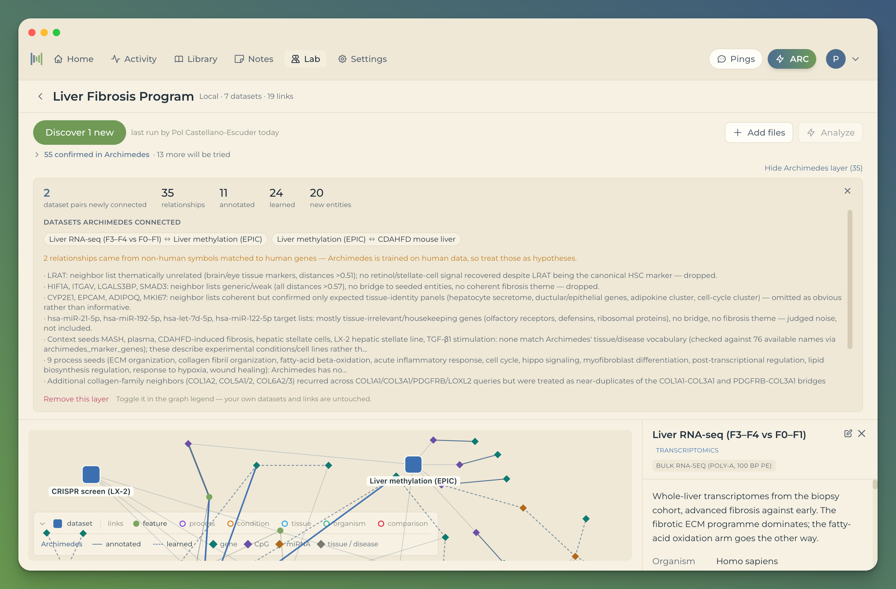The run receipt: 2 dataset pairs newly connected, 35 relationships, 11 annotated, 24 learned, 20 new entities, the two named dataset pairs, a warning about non-human symbols, and a list of notes explaining what the run discarded.